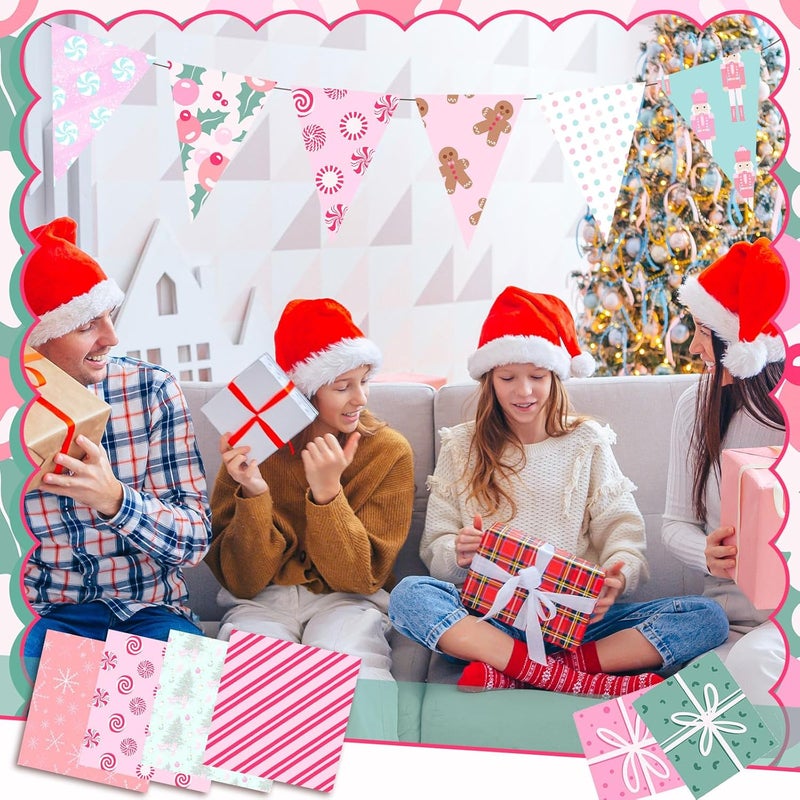 Oudain 60 Pcs 10 x 10 Inch Pastel Christmas Quilting Fabric Squares Vintage Christmas Fat Patchwork Precuts Pink Green Gingerbread Man Nutcracker Fabric Bundles for Xmas DIY Craft Sewing Handmade - Image 4